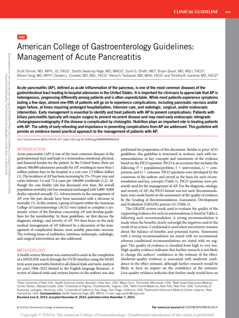 ACG Guidelines for Acute Pancreatitis 2024 | PDF | Medical Specialties ...
