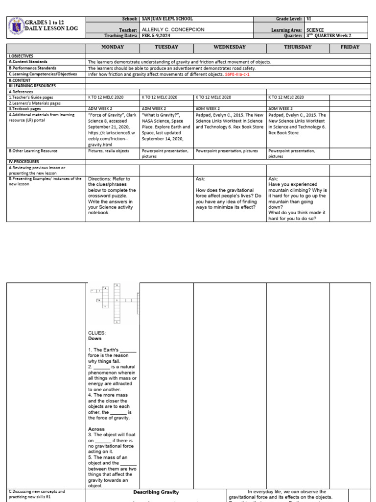 DLL - Science 6 - Q3 - W2 | PDF | Force | Gravity
