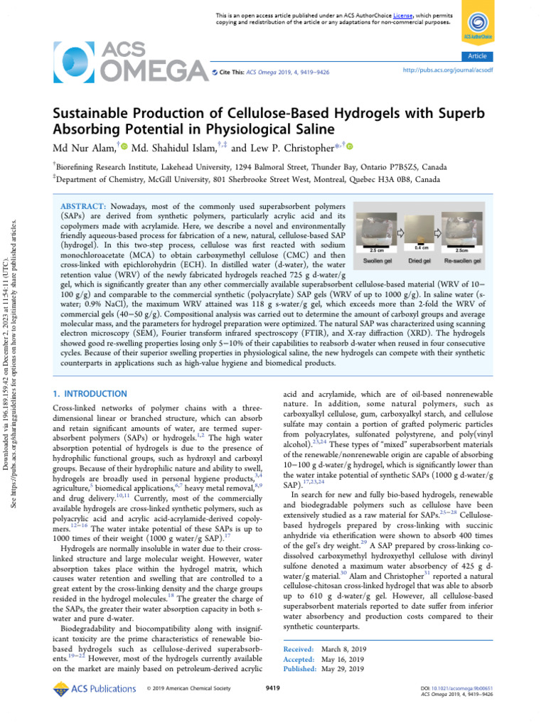 Cellulose Hydrogels for Biomedical Use | PDF | Gel | Polymers
