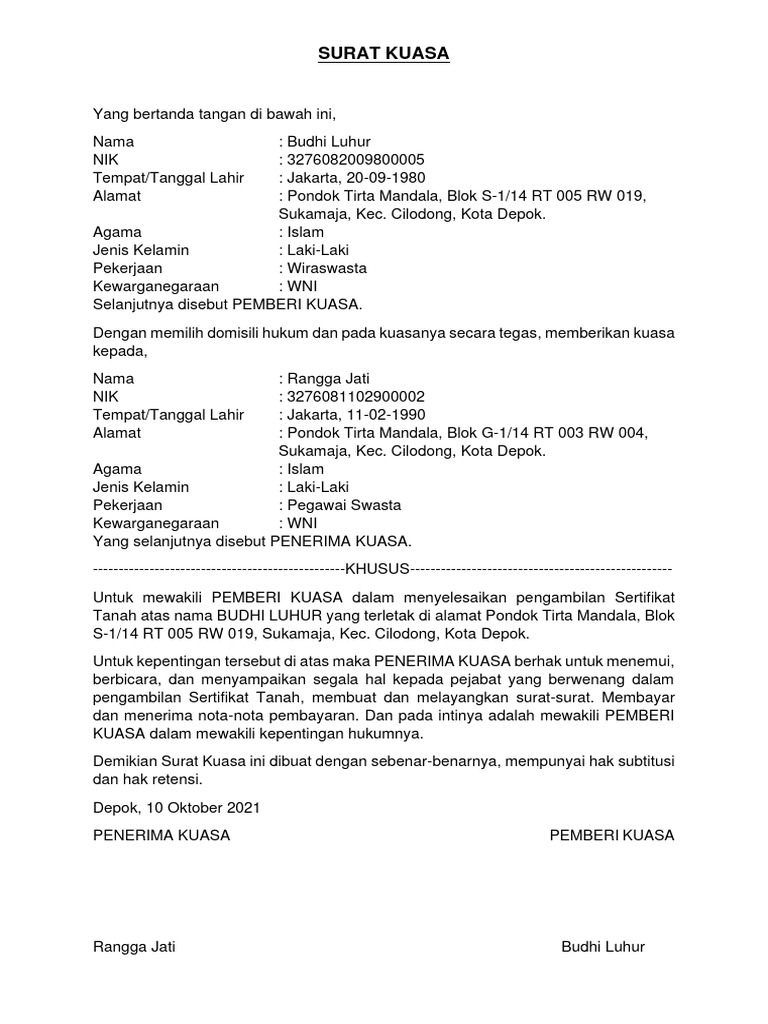 Contoh Surat Kuasa Pengambilan Sertifikat Tanah | PDF