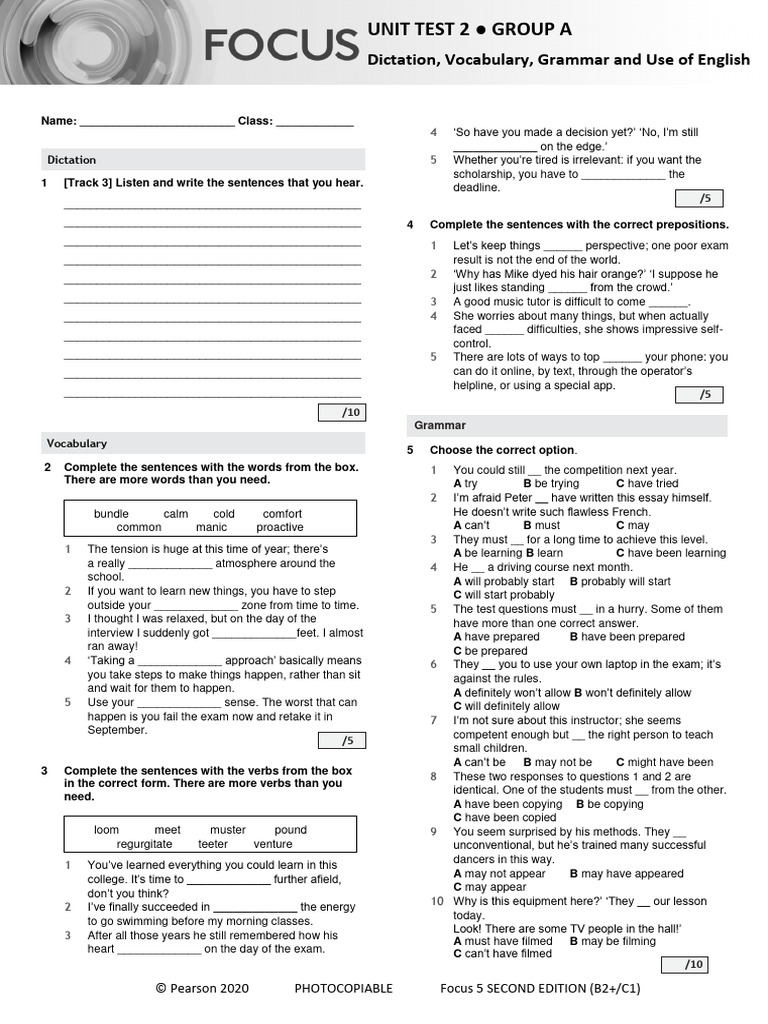 Focus 5 Unit 2 Test Group A | PDF | Homework