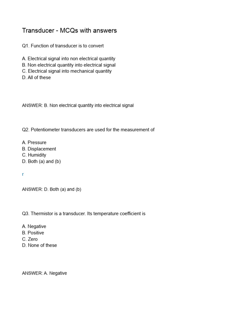 CH. 1 Transducer MCQ Download Free PDF Electrical Resistance And