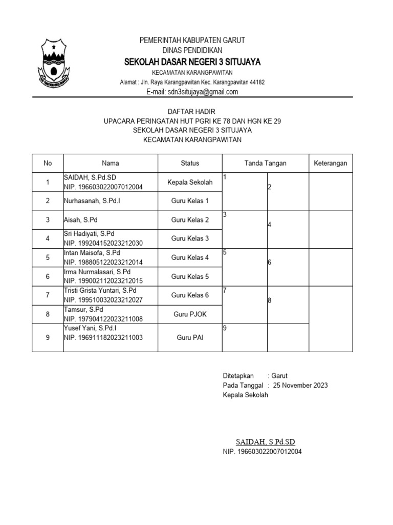 Daftar Hadir Upacara Sdn 3 Situjaya Pdf