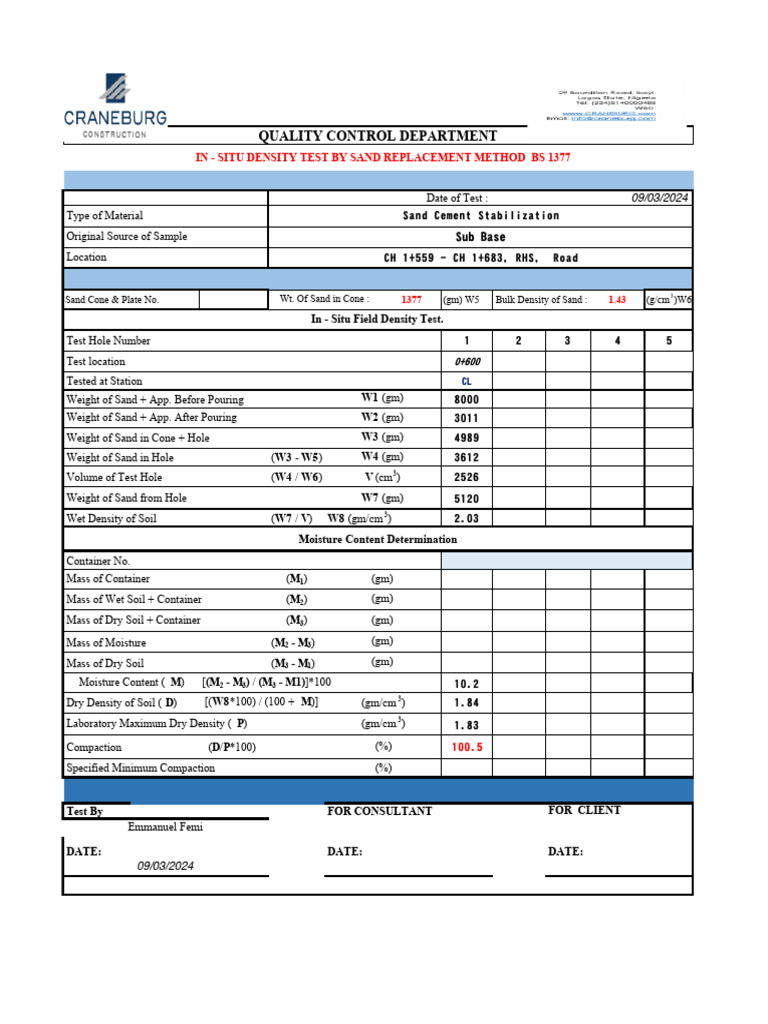 In-Situ Density Test Report for Sub Base | PDF | Density | Horticulture