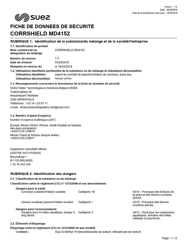 Fiche de données de sécurité Corrshield MD4152 | PDF | Substances ...