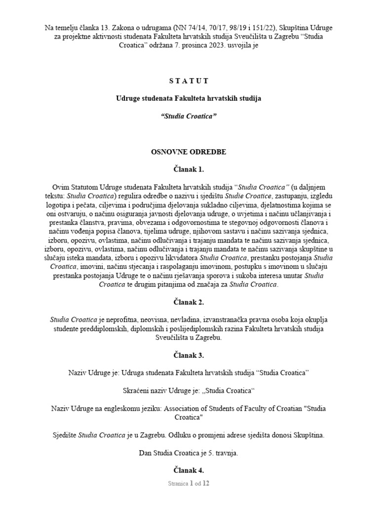 Studia Croatica STATUT USFHSSC PDF