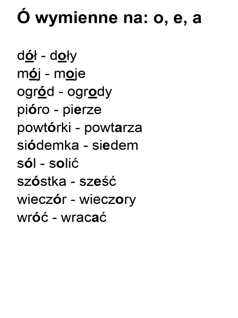 ó Wymienne Na A Przykłady Ó Wymienne Na_ o, e, A | PDF