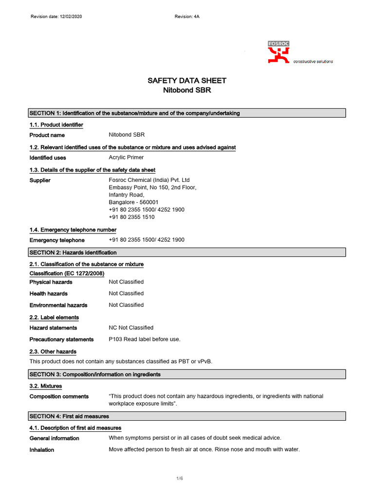 MSDSNitobondSBRIndia PDF Dangerous Goods Occupational Safety