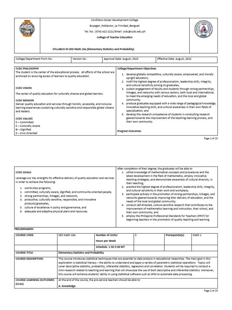 Syllabus for SED Math 10a: Stats Basics | PDF | Probability ...