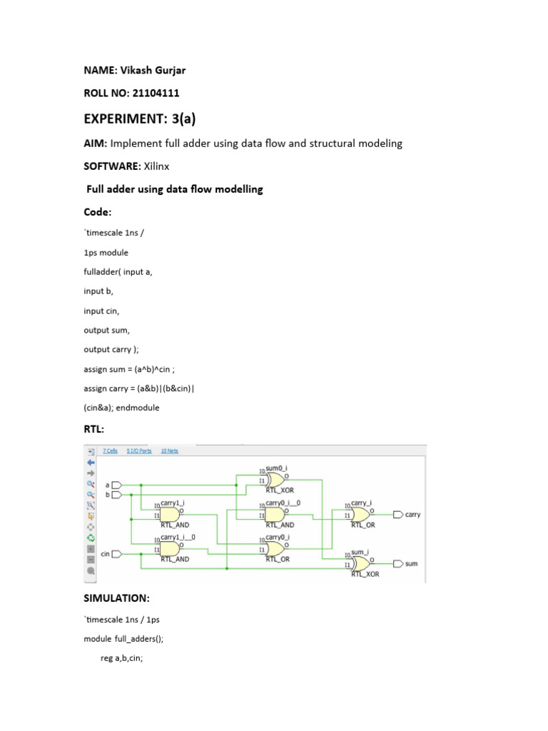 Full Adder Implementation in Verilog | PDF