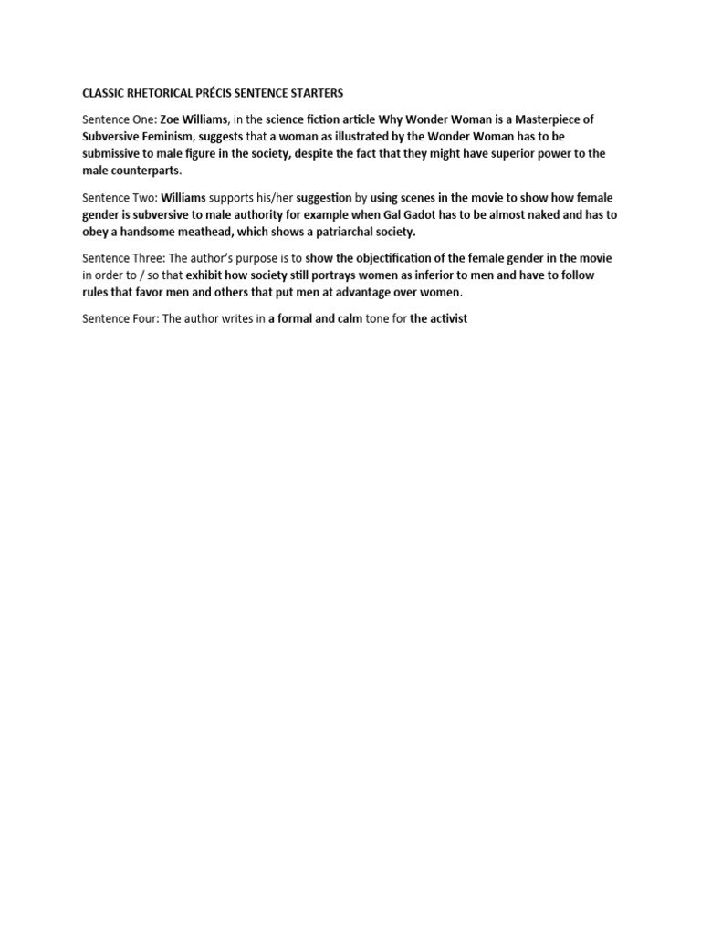 Classic Rhetorical Précis Sentence Starters PDF