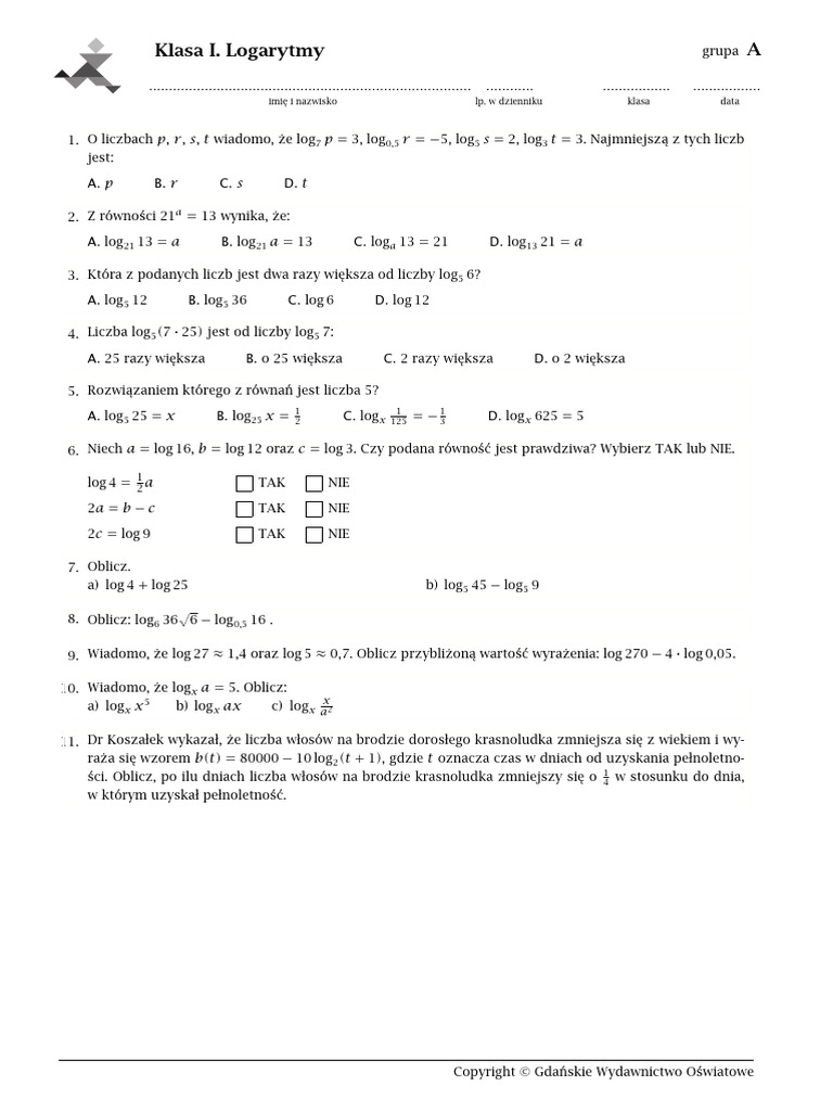 Klasa I Logarytmy Zadania PDF