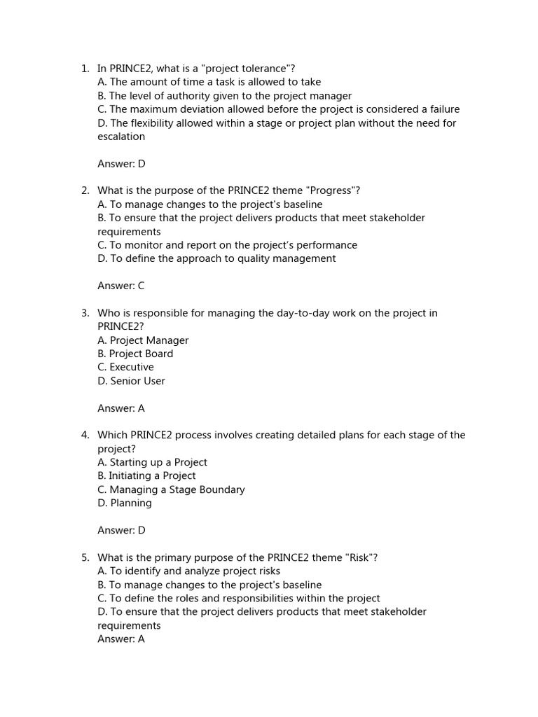 Prince2 Foundation Quiz Questions | PDF