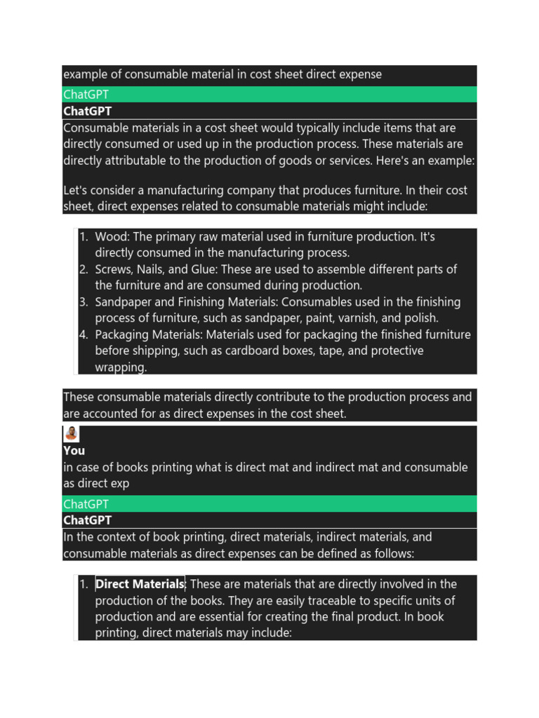 example of consumable material in cost sheet direct expense PDF Printing Books