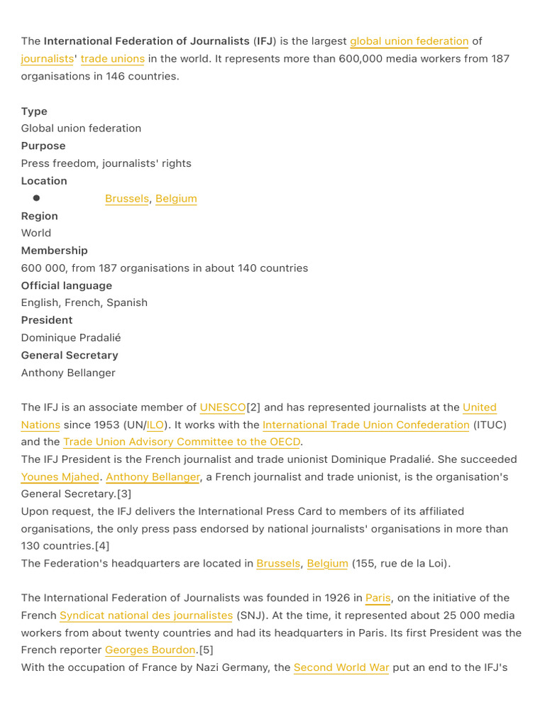 The International Federation of Journalists (IFJ) Is The Largest Global ...
