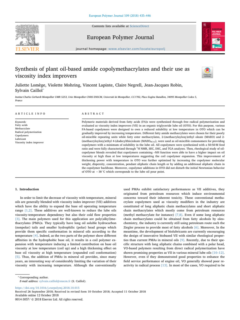 Plant Oil-Based Viscosity Improvers | PDF | Copolymer | Polymers