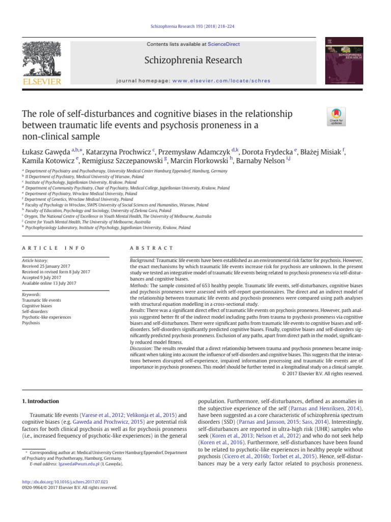 1.the Role of Self-Disturbances and Cognitive Biases | PDF | Psychosis ...