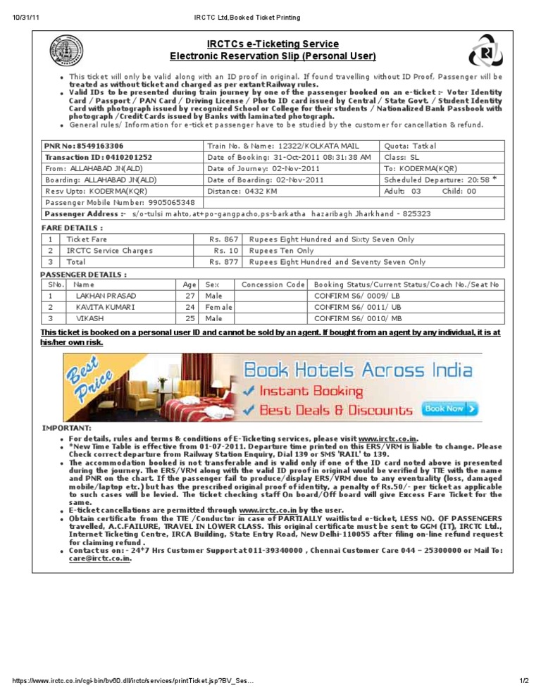 IRCTC E-Ticket Booking Details | PDF | Identity Document | Applications ...