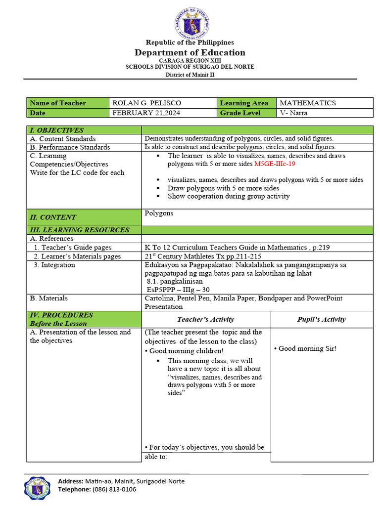 Grade V Mathematics: Polygons Lesson Plan | PDF | Teachers | Learning
