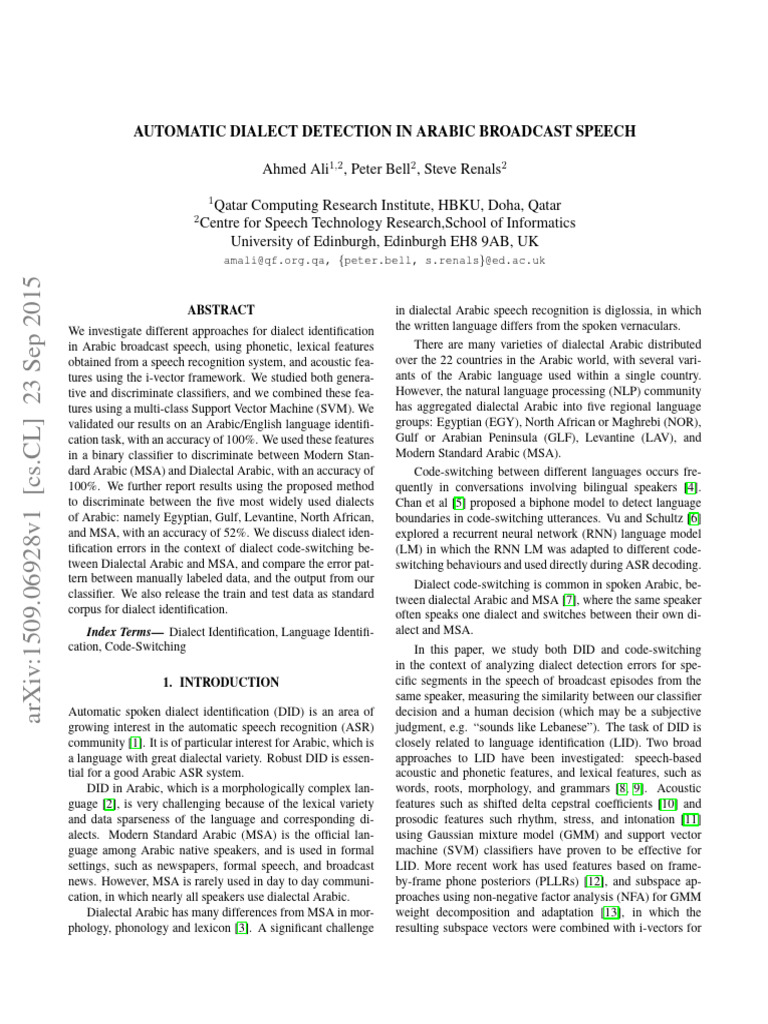 Arabic Dialect Detection in Broadcast Speech | PDF | Arabic | Phoneme