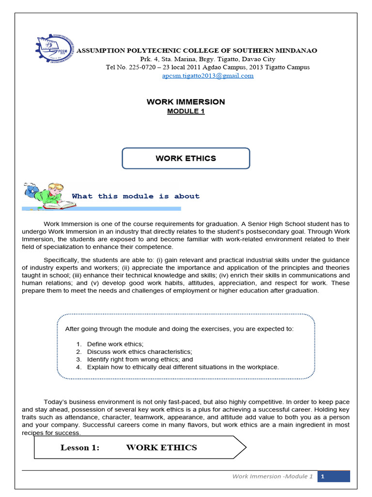 Work Immersion Module: Work Ethics Guide | PDF | Attitude (Psychology ...