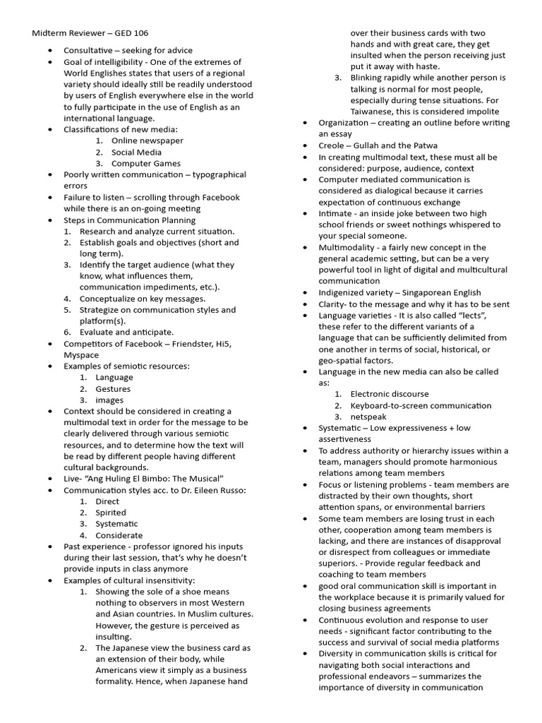 Midterm Reviewer Ged 106 | PDF | Communication | Social Media