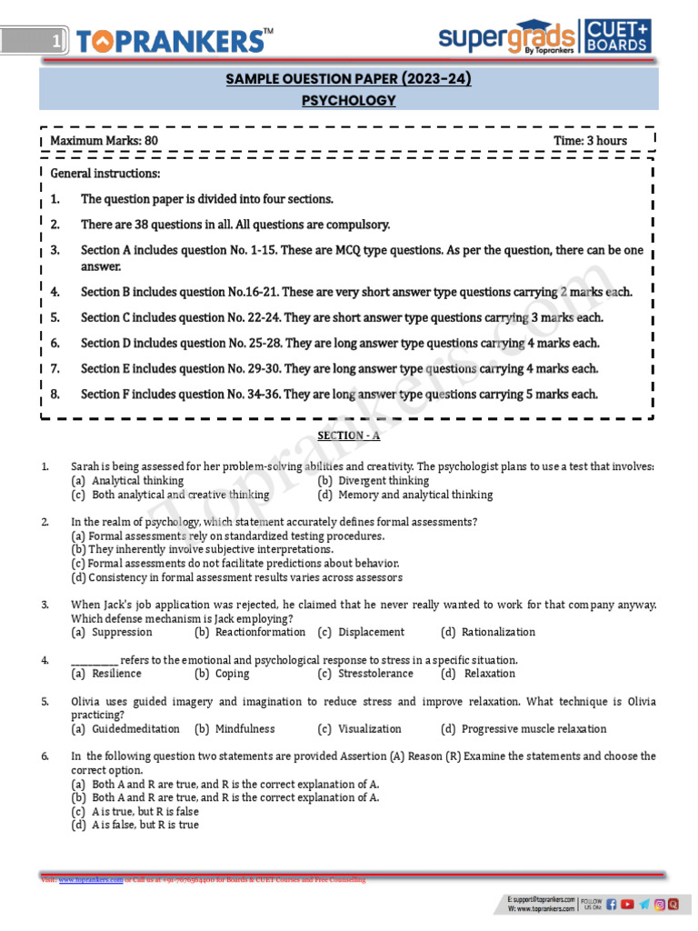 CUET 2023 Psychology Sample Paper | PDF | Attitude (Psychology ...