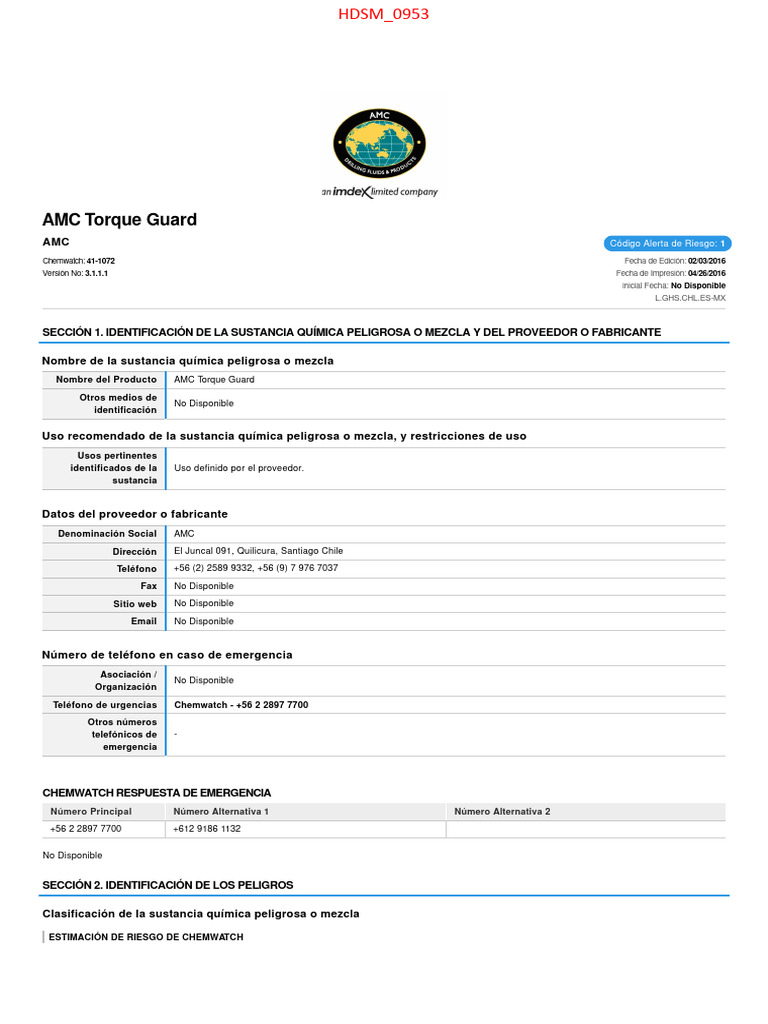 Hoja de Seguridad AMC Torque Guard | PDF | Combustión | Contaminación