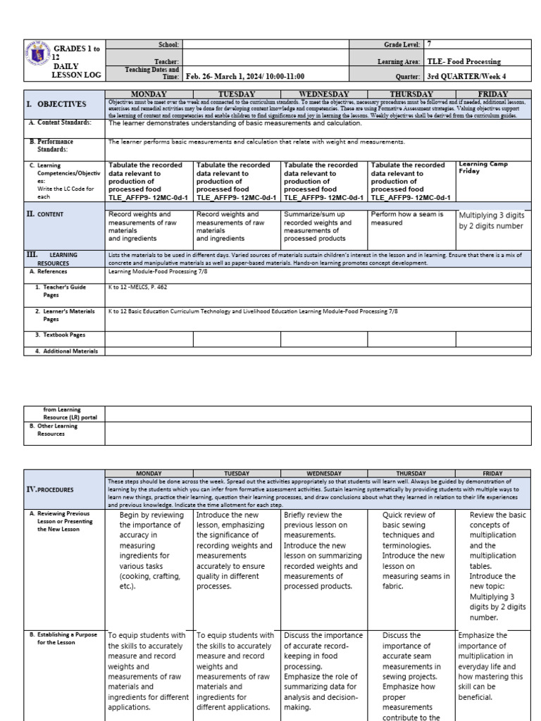 Grade 8 Food Processing Lesson Plan | PDF | Educational Assessment ...