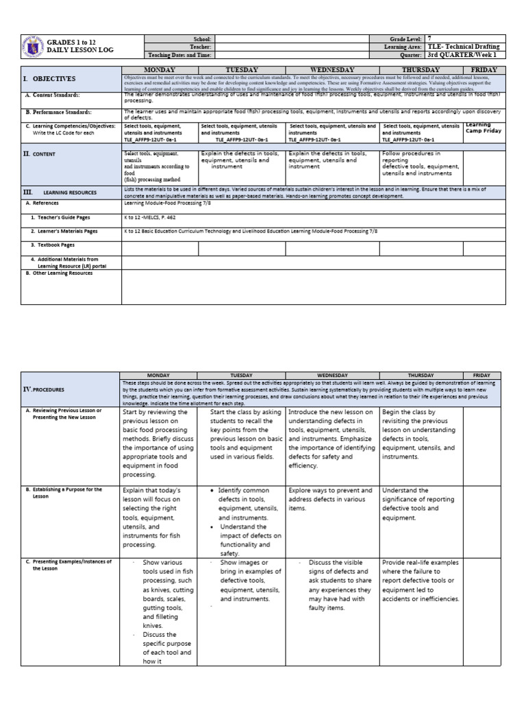 Food Processing DLL 1 Week 1 PDF Learning Tools