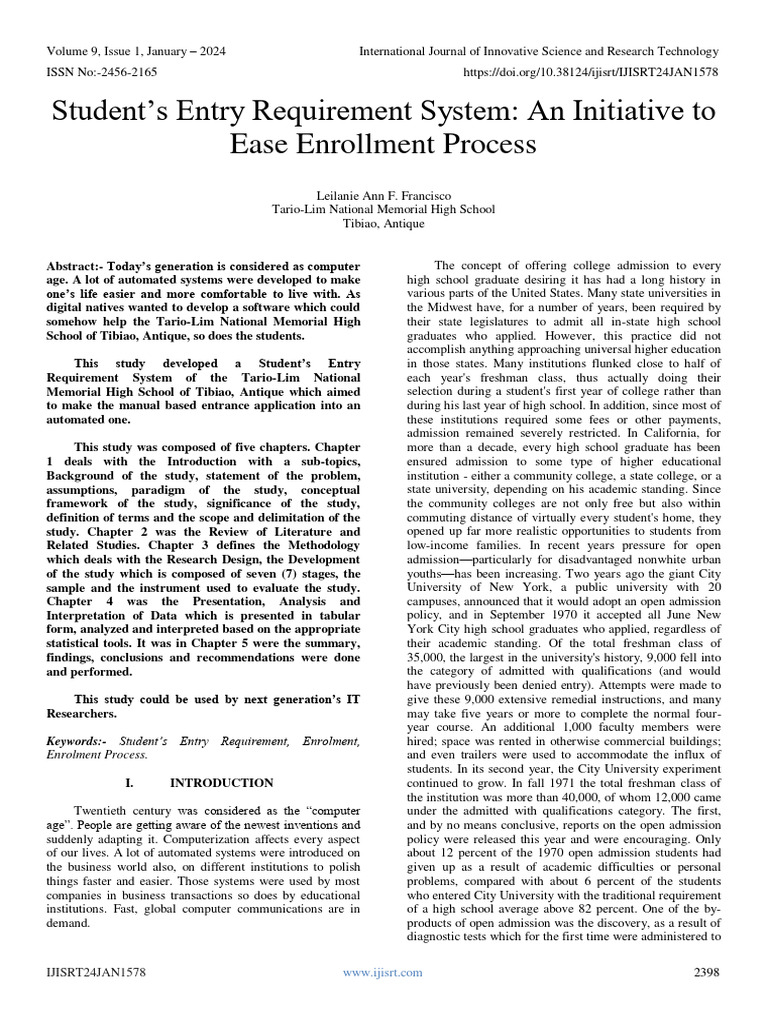 Student's Entry Requirement System: An Initiative To Ease Enrollment ...
