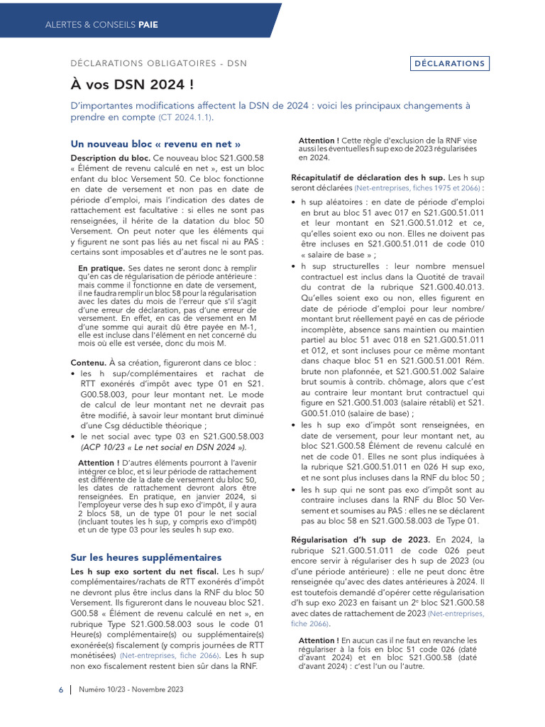 Changements DSN 2024 : Nouveaux Blocs | PDF | Salaires | Emploi