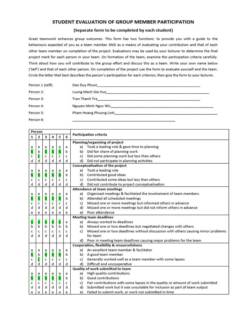 Group Member Participation Evaluation Form | PDF | Social Psychology