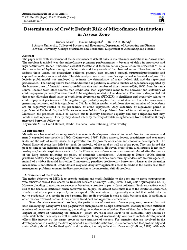 Determinants of credit default risk of microfinance institutions pdf