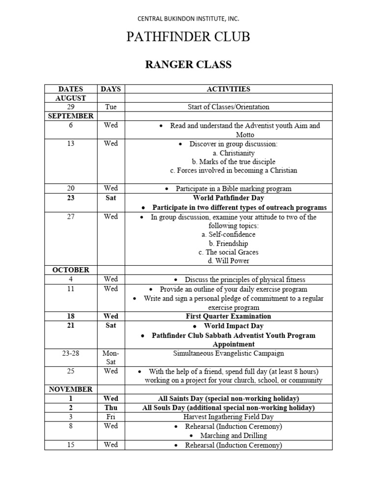 Pathfinder Club Ranger Class Schedule | PDF