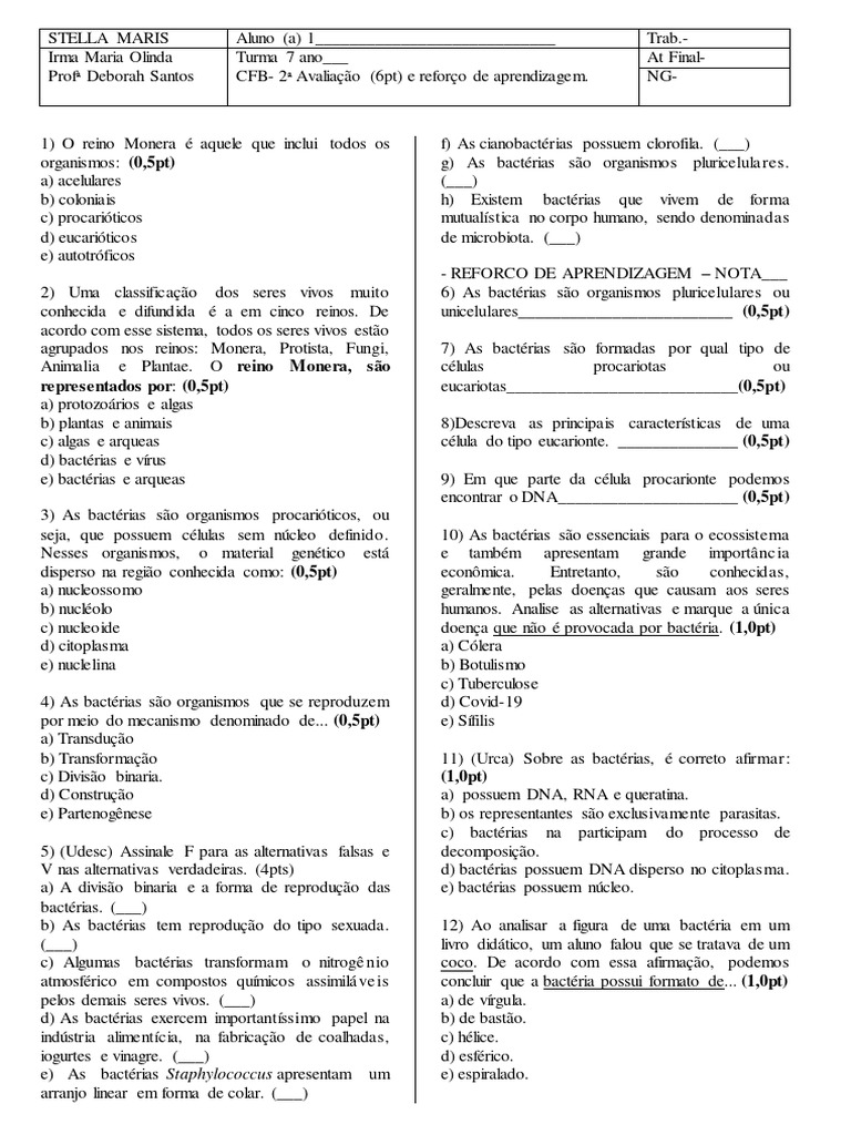 8 Ano - Atividade - 2023 | PDF | Célula (Biologia) | Procarionte