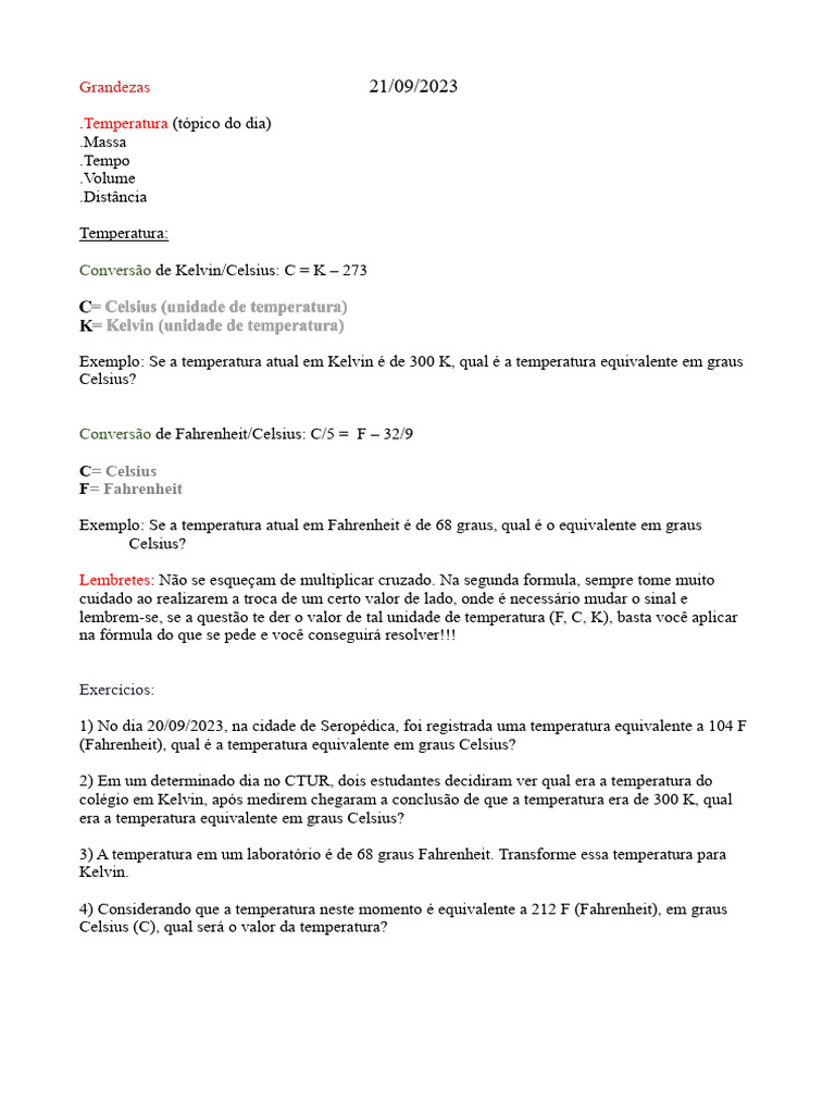 Física Lista De Exercicios Sobre Temperatura Pdf