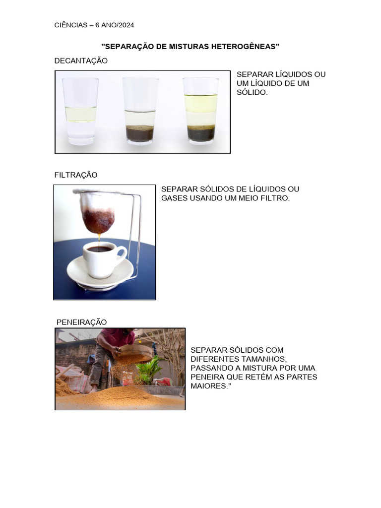 Atividades de Separação de Misturas 6º Ano | PDF