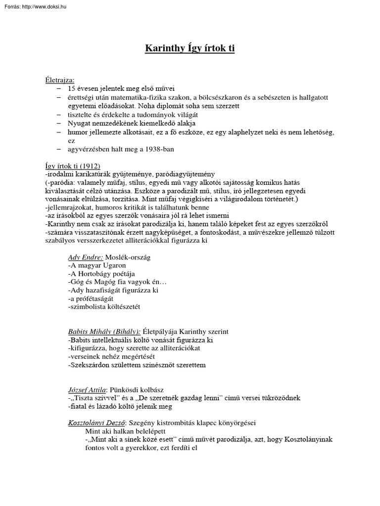 Karinthy Frigyes Igy Irtok Ti Elemzes | PDF