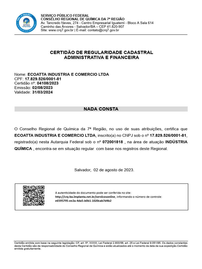 Certidão de Regularidade CRQ | PDF