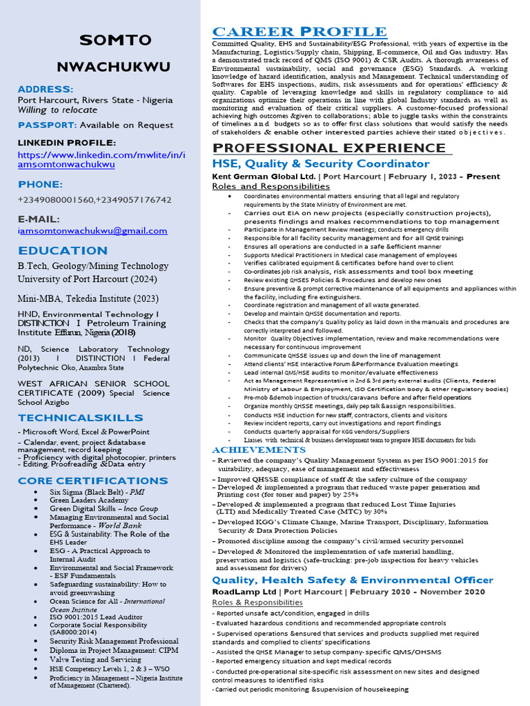 Academic CV - Somto Nwachukwu | PDF | Audit | Quality Management System