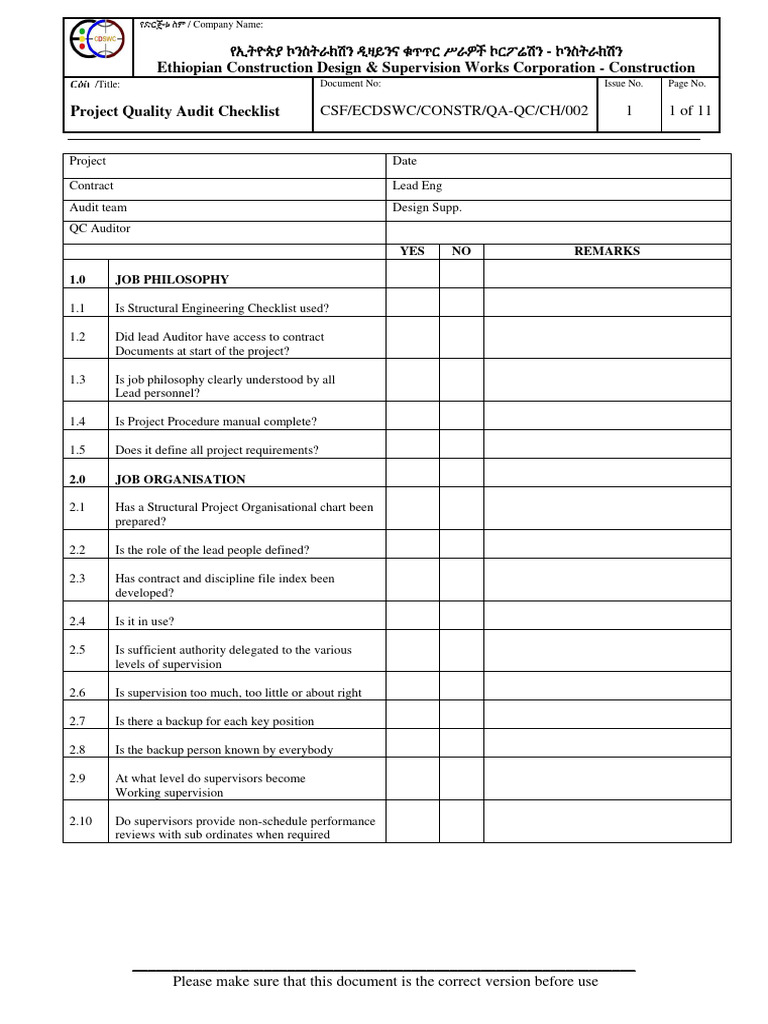 CSF-ECDSWC-CONSTR-QA-QC-CH-002 Project Quality Audit CheckList | PDF ...