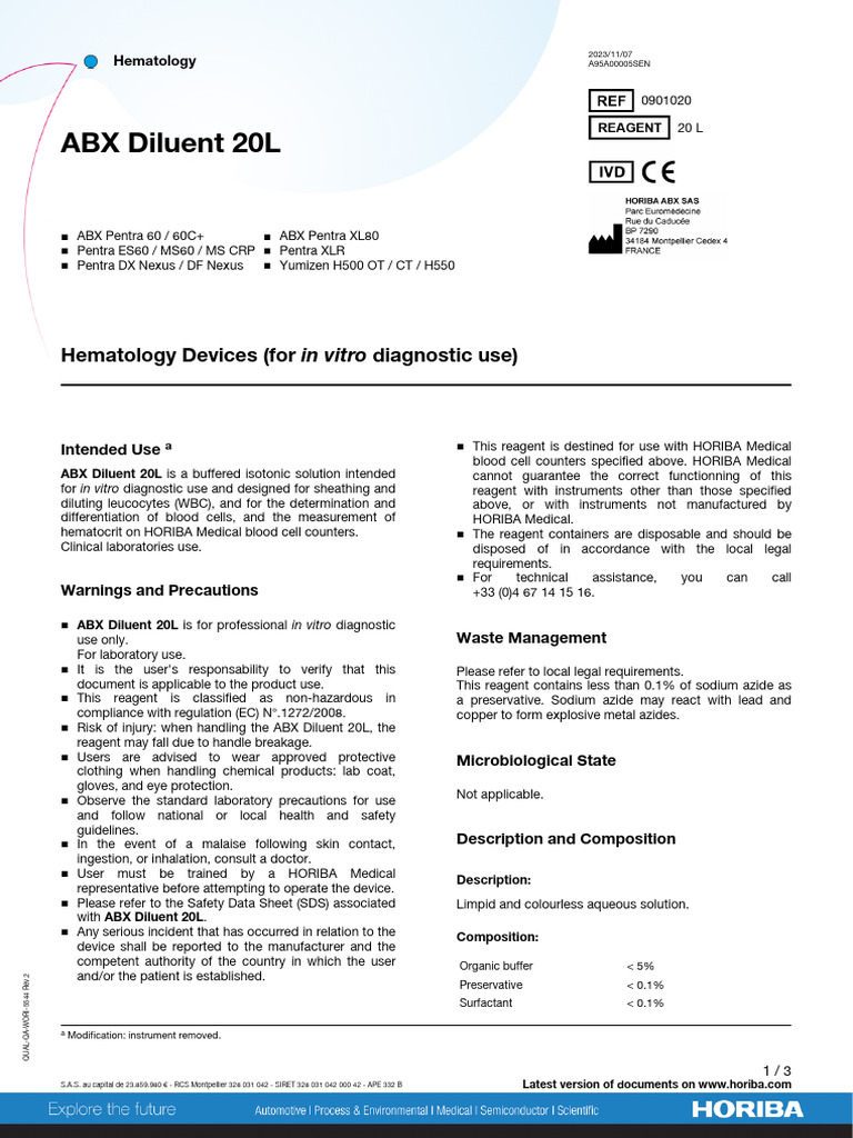 ABX Diluent 20L for Hematology Use | PDF
