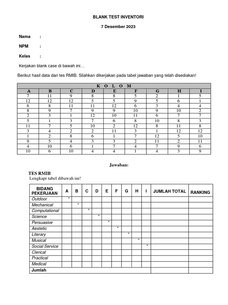 Blank Test Inventory RMIB 2023 | PDF