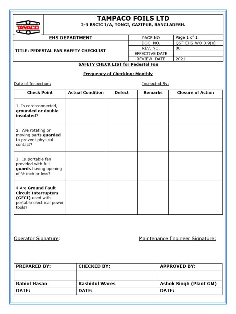 Pedestal Fan Safety Inspection Guide | PDF