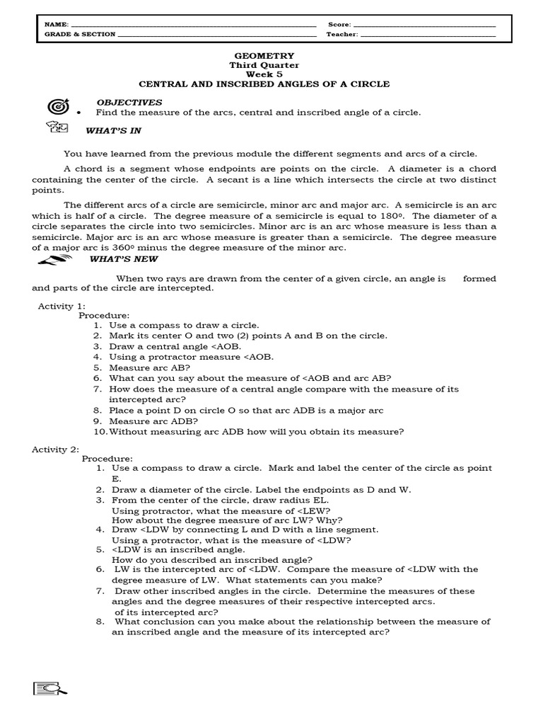 Module in Geometry Third Quarter Week 5 To 8 | PDF | Circle | Angle