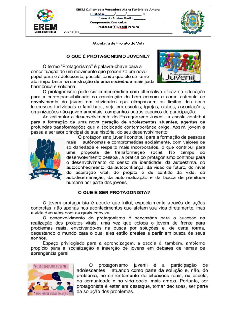 Atividade - Protagonismo Juvenil | PDF