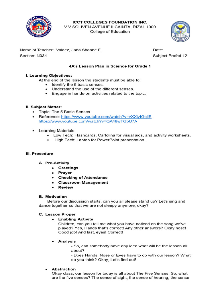 5 Senses Lesson Plan for Grade 1 | PDF | Senses | Lesson Plan