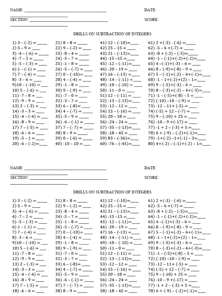 Subtraction of Integers Drills | PDF | Arithmetic | Elementary Mathematics