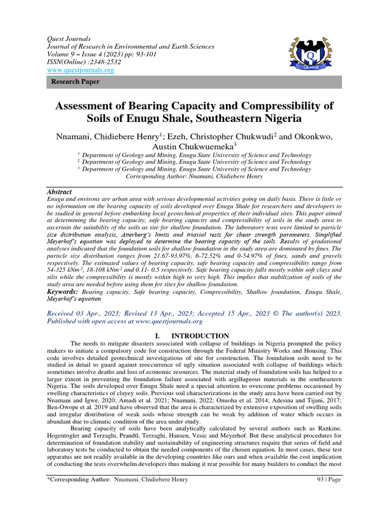 Assessment of Bearing Capacity and Compressibility of Soils of Enugu ...